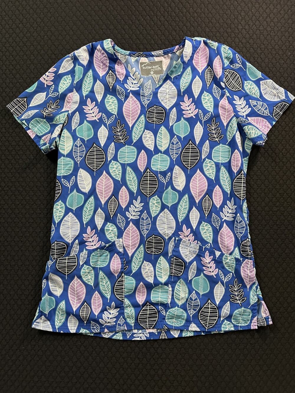 Butter-Soft Stretch Scrub Top Women’s Small Blue Leaf Print V-Neck Uniform